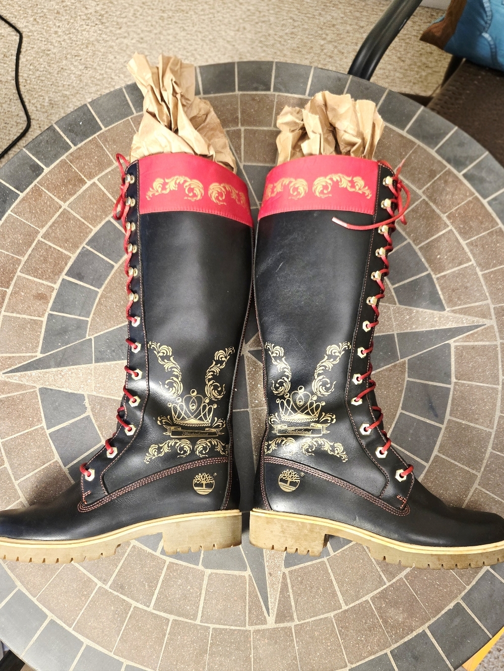 Timberland Lugged Sole Lace-Up Tall Boots Gold Accents - Picture 7 of 13